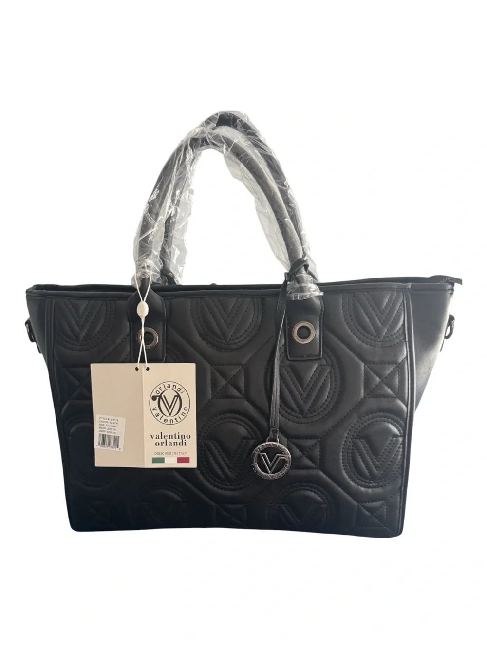 NWT Valentino Orlandi Black Quilted Tote Bag V Logo Luxury Shoulder Bag